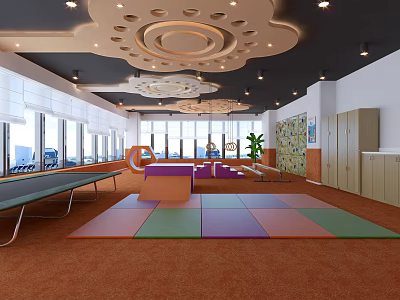 Bright Indoor Fitness Training Area With Trampoline Colorful Mats And Storage Lockers 3d model