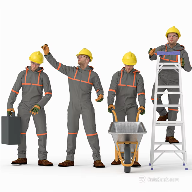 Workers In Gray Work Uniforms With Yellow Hard Hats Using Toolbox Wheelbarrow And Ladder 3d model 