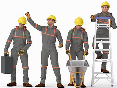 Workers In Gray Work Uniforms With Yellow Hard Hats Using Toolbox Wheelbarrow And Ladder 3d model