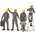 Workers In Gray Work Uniforms With Yellow Hard Hats Using Toolbox Wheelbarrow And Ladder