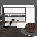 Modern Study Room Interior Design With Desk Computer Bookshelf Cabinets And Cozy Armchair 3d model