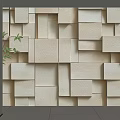 Light Colored Geometric Square Background Wall Design With 3D Effect And Green Plant 3d model
