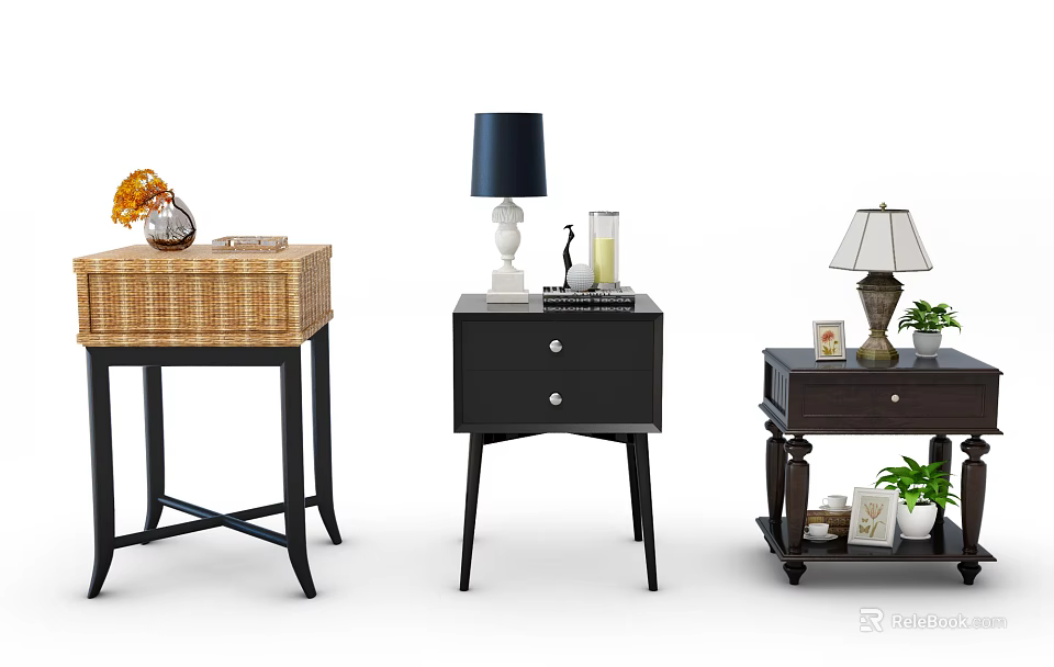 Different Design Bedside Tables With Lamps Storage Baskets And Decorative Items 3d model