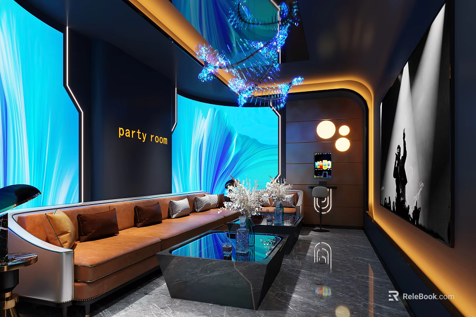 KTV Party Room With Blue LED Screen Brown Sofa Glass Coffee Table And Modern Decor 3d model 