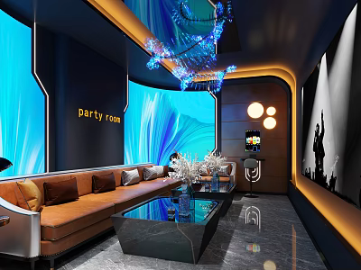 KTV Party Room With Blue LED Screen Brown Sofa Glass Coffee Table And Modern Decor 3d model