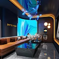 KTV Party Room With Blue LED Screen Brown Sofa Glass Coffee Table And Modern Decor