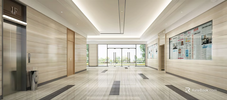 Modern Spacious Elevator Lobby Interior With Light Walls Marble Flooring And Natural Light 3d model