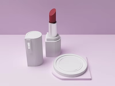 Cosmetics Collection Featuring Red Lipstick And White Makeup Containers On Light Purple Surface 3d model