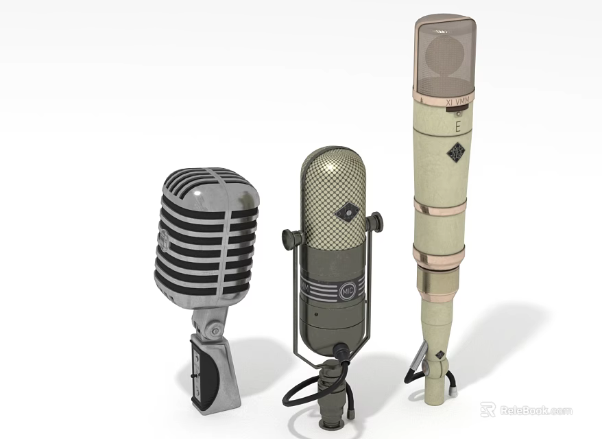 Three Different Style Microphones As Recording Equipment With Vintage Classic And Retro Designs 3d model 