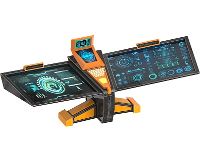 Futuristic Computer Setup With Orange Black Design Multiple Screens Blue Interface Charts Gears 3d model