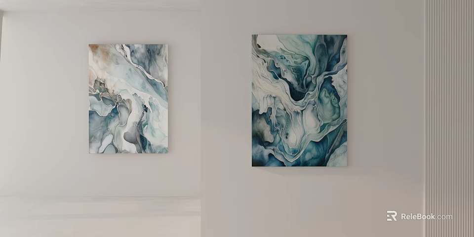Two Abstract Wall Paintings With Blue Green Flowing Patterns For Modern Home Interior Decor 3d model