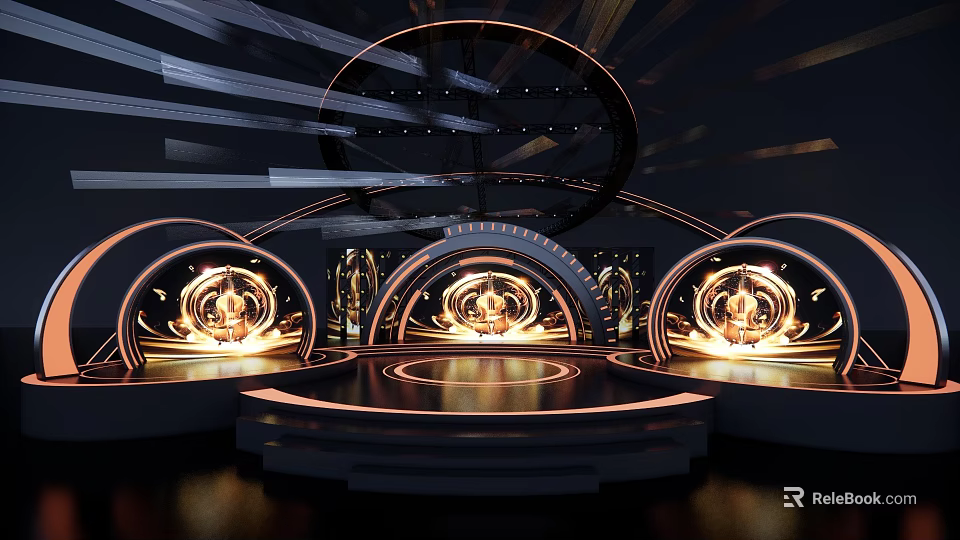 Modern Ballroom With Circular Stage Golden Lighting And Curved Decorative Structures 3d model 