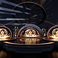 Modern Ballroom With Circular Stage Golden Lighting And Curved Decorative Structures