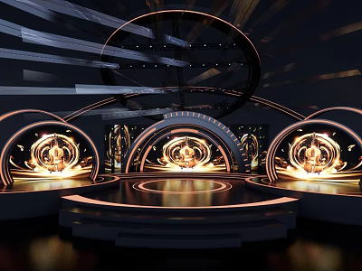 Modern Ballroom With Circular Stage Golden Lighting And Curved Decorative Structures 3d model