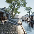 Ancient Architecture In Scenic Water Town With Traditional Buildings Stone Bridge And Old Trees
