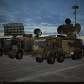 Military Functional Vehicles With Large Radar Antennas Parked On Open Ground With Soldiers Standing Nearby