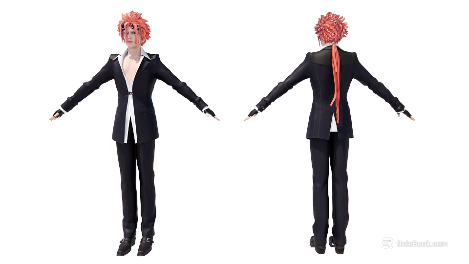 Game and Movie Character With Red Spiky Hair Black Suit White Shirt Long Braided Hair 3d model 