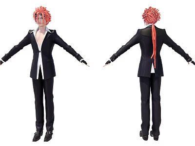 Game and Movie Character With Red Spiky Hair Black Suit White Shirt Long Braided Hair 3d model