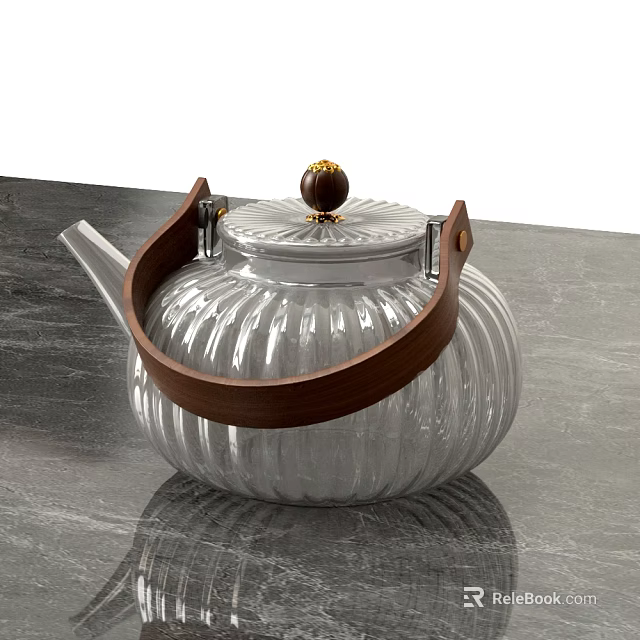 Elegant Silver Teapot with Wooden Handle and Ribbed Design on Marble Countertop 3d model 