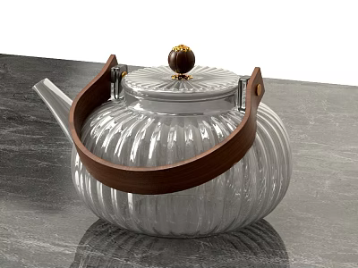 Elegant Silver Teapot with Wooden Handle and Ribbed Design on Marble Countertop 3d model