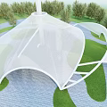 Tensile Membrane Structure With Modern Curved Design In Outdoor Park Area With Lawn And Trees