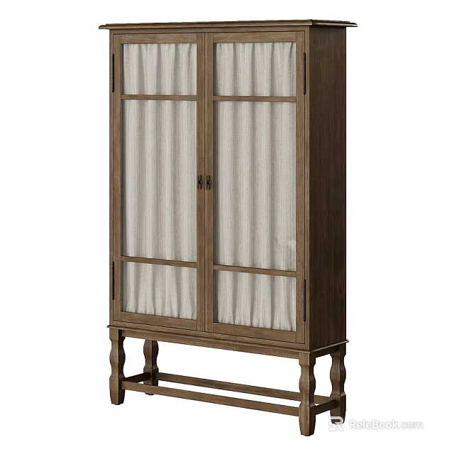 Rustic Wooden Cabinet With Double Glass Doors And Fabric Panels On Legs 3d model 
