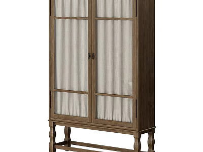 Rustic Wooden Cabinet With Double Glass Doors And Fabric Panels On Legs 3d model