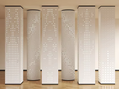 White Perforated Columns Arranged In Interior Space With Light Background And Wooden Floor 3d model
