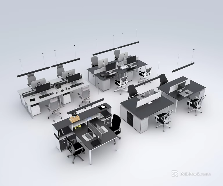 Modern Office Desks With Computers Chairs And Dividers In Workspace Layout 3d model