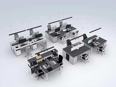 Modern Office Desks With Computers Chairs And Dividers In Workspace Layout 3d model