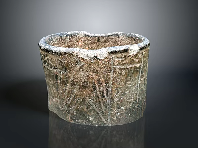 Ancient Carved Stone Vessel With Intricate Patterns And Textured Rim 3d model