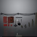 Industrial Utility Components With Red Boxes Wires Poles And Tools