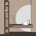 Elegant Washbasin Design With Wooden Countertop Circular Ring Light Mirror And Green Plant