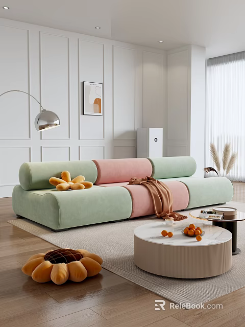 Living Room With Pastel Green Pink Sofa Yellow Plush Toys Round Coffee Table Orange Decor 3d model 