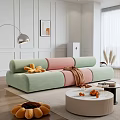Living Room With Pastel Green Pink Sofa Yellow Plush Toys Round Coffee Table Orange Decor