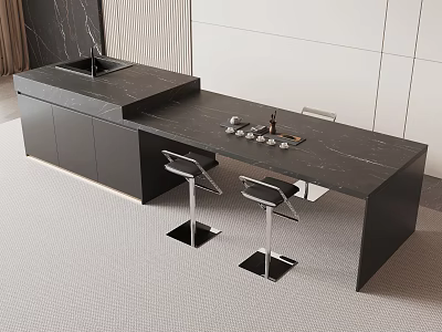 Modern Open Kitchen Bar Counter With Black Countertop And Metal Stools 3d model