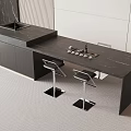 Modern Open Kitchen Bar Counter With Black Countertop And Metal Stools