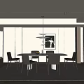 Modern Restaurant Interior With White Dining Table Six Brown Chairs Pendant Light And Black White Painting