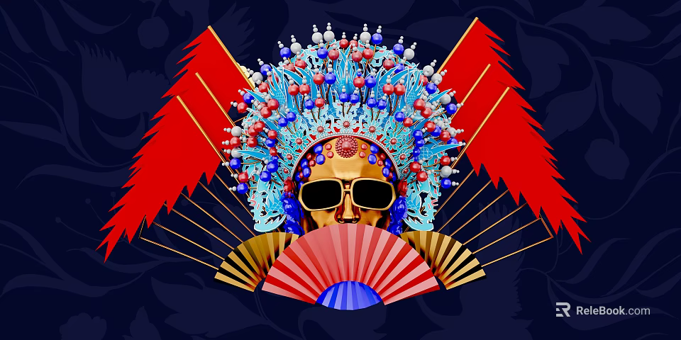 Peking Opera Mask With Modern Sunglasses And Traditional Beaded Decorations Red Flags And Folding Fan 3d model 