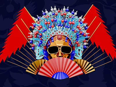 Peking Opera Mask With Modern Sunglasses And Traditional Beaded Decorations Red Flags And Folding Fan 3d model
