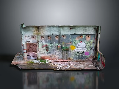 Vintage Urban Landscape of Weathered Wall with Colorful Graffiti and Green Mossy Plants 3d model