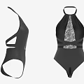 Black One Piece Swimsuit with Open Back and Intricate Lace Design Details