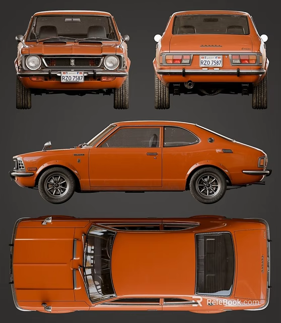 Classic Orange Two Door Coupe Car With Multiple Views And Body Details 3d model 