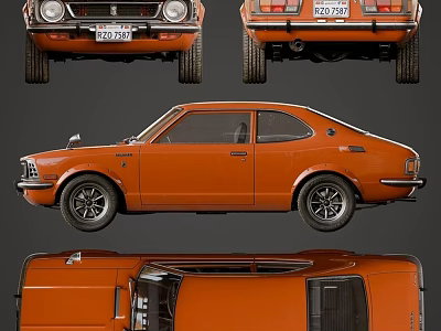 Classic Orange Two Door Coupe Car With Multiple Views And Body Details 3d model