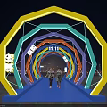 Colorful Geometric Event Entrance With Neon Lights Blue Walkway And Two People Standing At Night