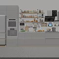 Modern Kitchen Interior Featuring White Cabinets Kitchen Appliances And Spice Jars On Shelves