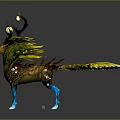 Fantasy Creature With Glowing Yellow Antlers Green Yellow Feathered Body Blue Legs On Crystal Base