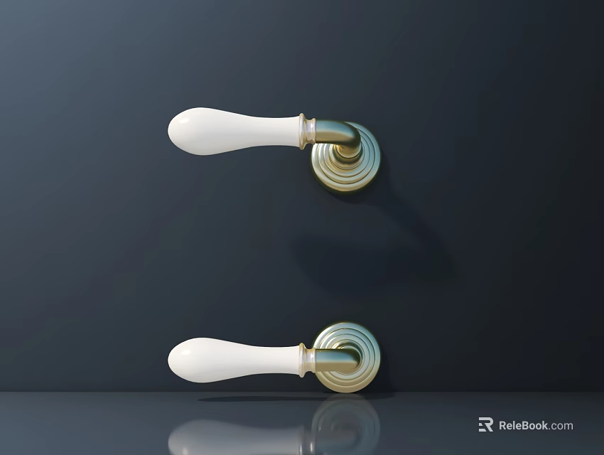 Elegant Door Handles With White Levers And Golden Bases On Dark Background 3d model 