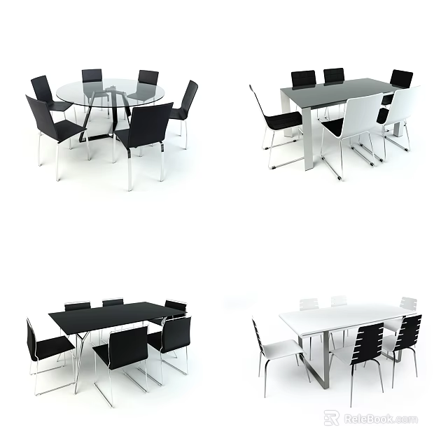 Modern Dining Table Set With Round Square Rectangular Shapes And Black White Chairs 3d model 