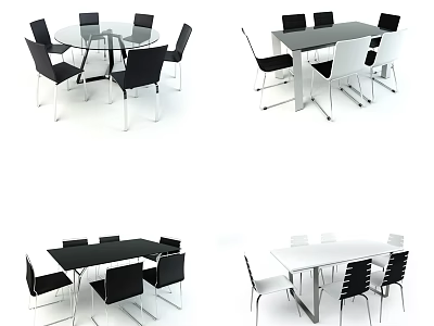 Modern Dining Table Set With Round Square Rectangular Shapes And Black White Chairs 3d model